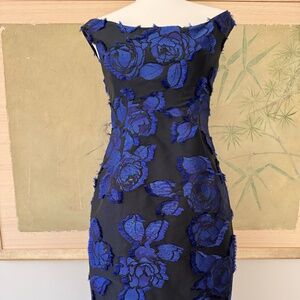 Lela Rose NWT Cocktail Dress Black Silk with Lapis Flowers and Flounced back